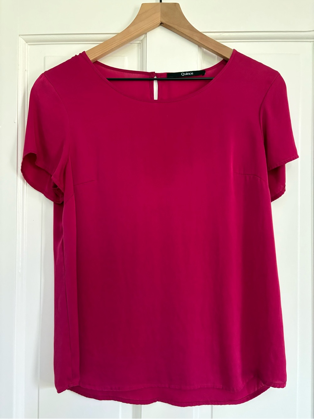 Quince Silk Blend Women Short Sleeve Blouse Pink Magenta Keyhole Back Light XL